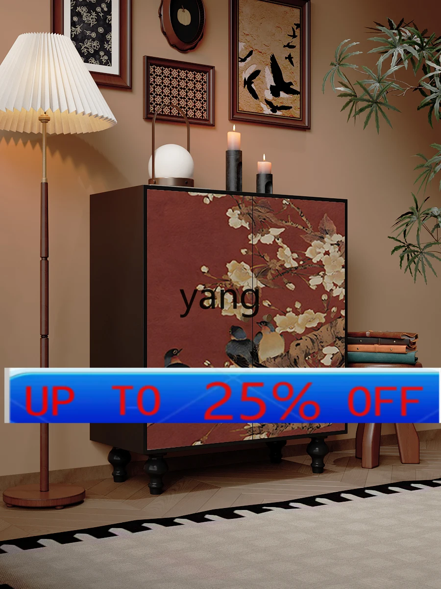 

Lhh Chinese retro wind flower and bird decoration bucket cabinet living room entrance solid wood shoe cabinet