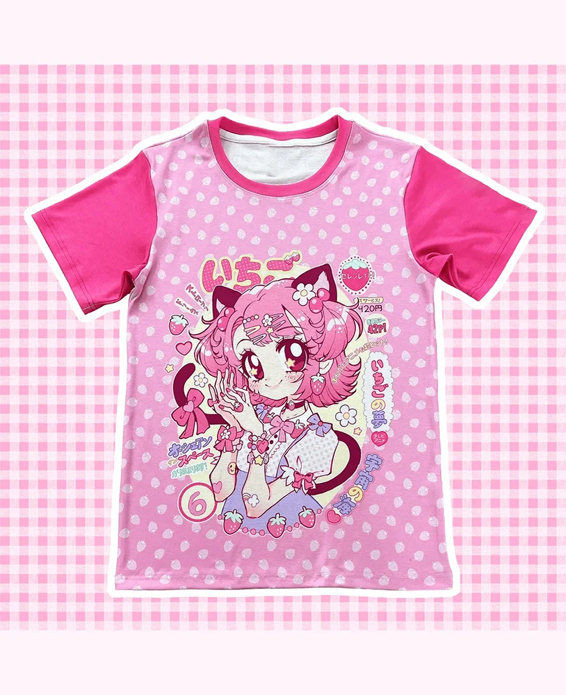 Colorful Candy Harajuku Wind Japanese Retro Manga Pink Tune Cat Ear Girl Strawberry Large Loose Short Sleeve