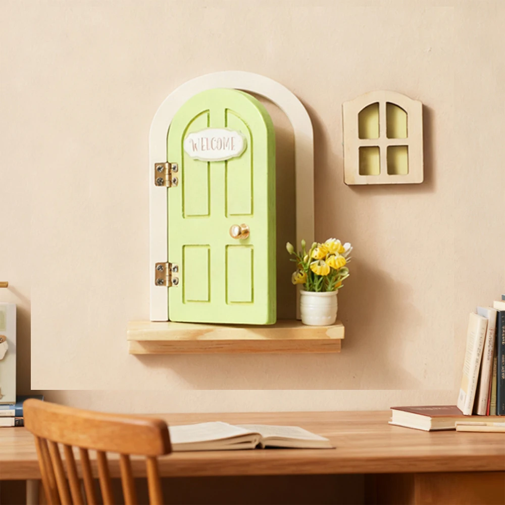 Wooden Elf Door Set Dollhouse Character Stickers Cartoon Room Decor Fairytale-Style Balcony Decor Hanging Ornaments Gift