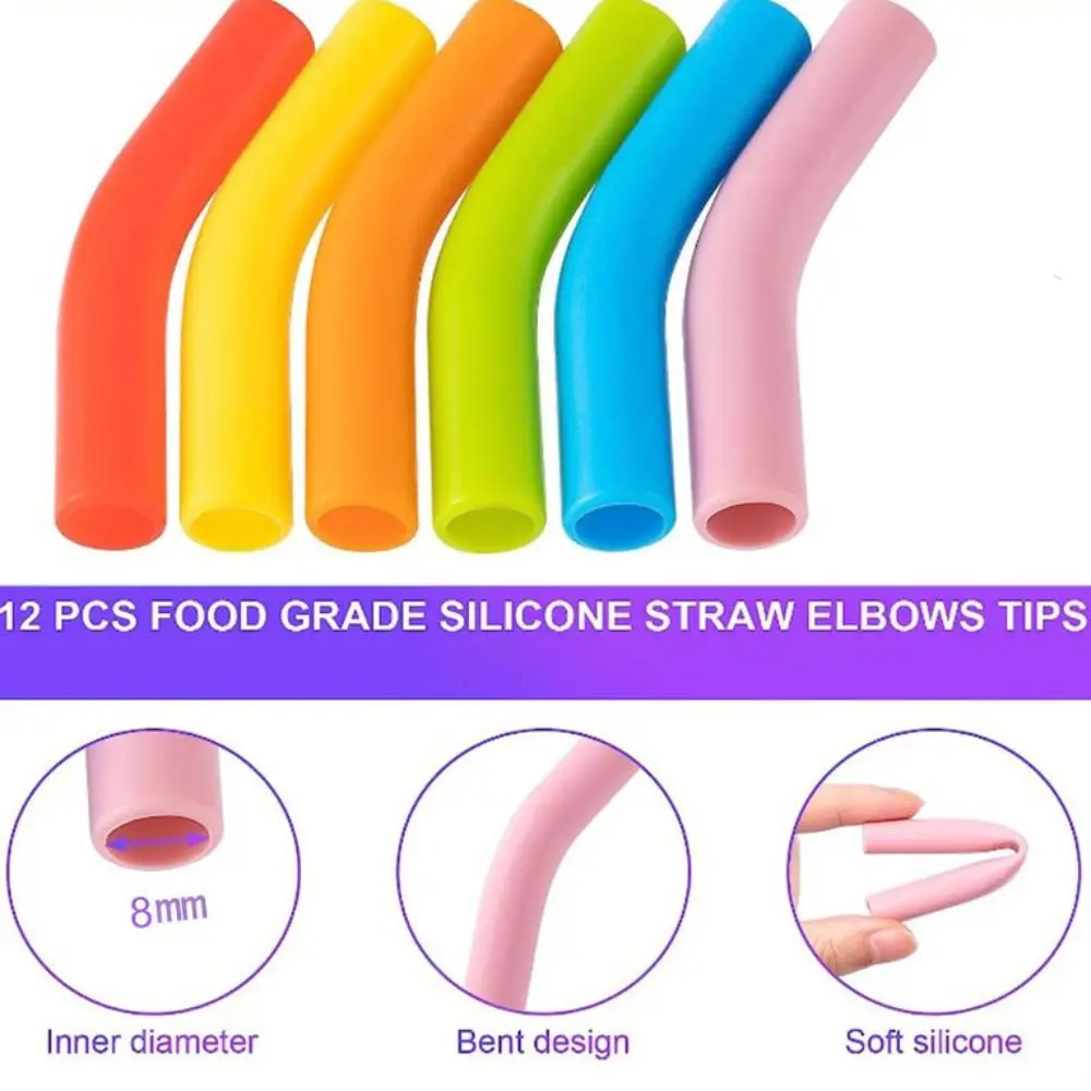 12pcs Household 8MM Metal Straws Tips Cover Curved Silicone Straw Topper Reusable Straw Cover Drinking