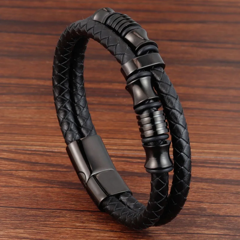 Black Leather Braided Mens Bracelet Double Layer Stainless Steel Genuine Cowhide Handmade Multi Strand Wristband