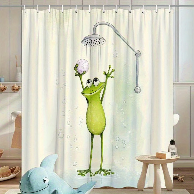 Cute Frog Taking Shower Shower Curtain Waterproof Easy to Clean Privacy Protection Print Cartoon Animal Design Fun Kids 12 hooks