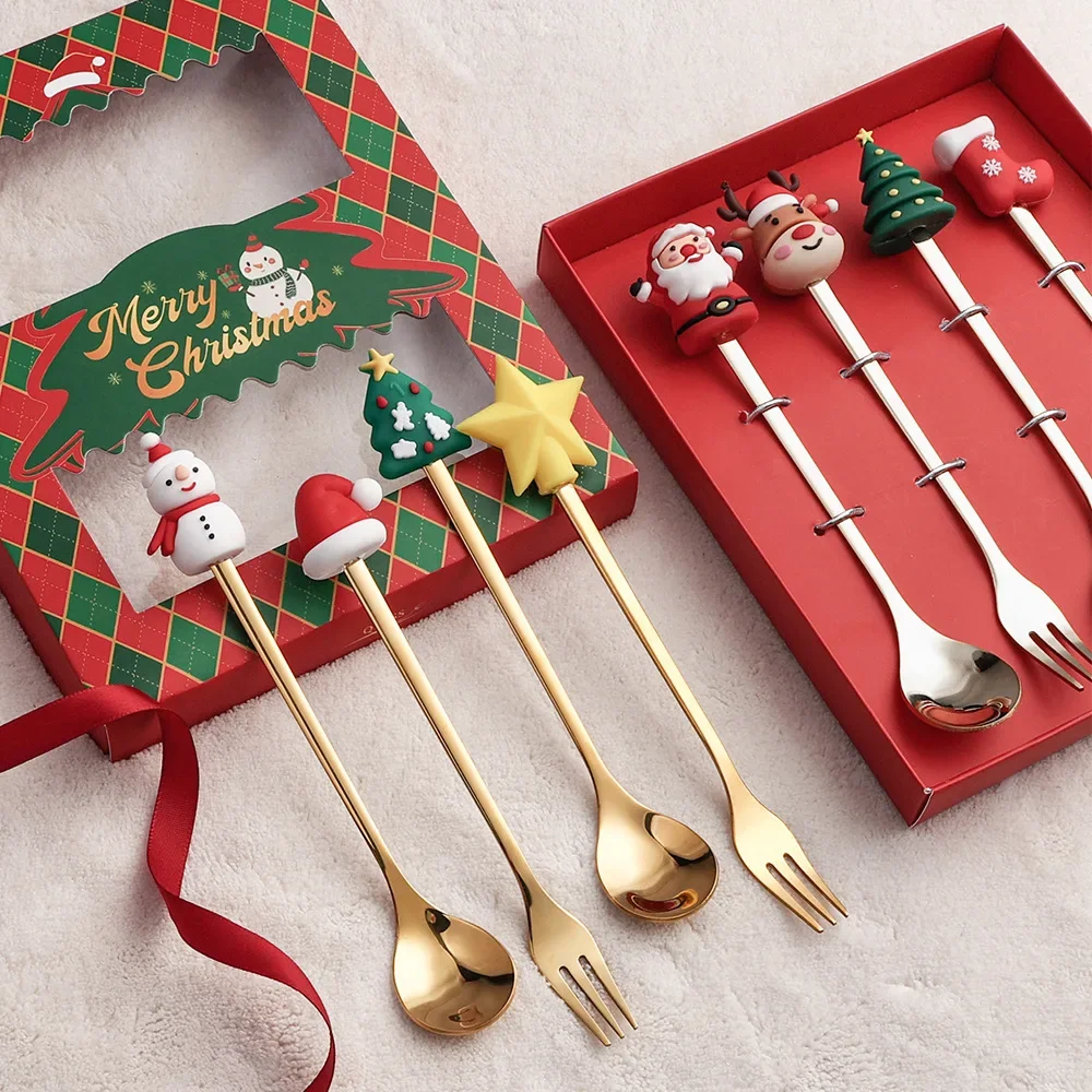 4PCS Christmas Gift Glod Silver Spoon Fork Set Elk Christmas Tree Decoration Dessert Scoop Fruit Fork Coffee Spoon Cutlery Set