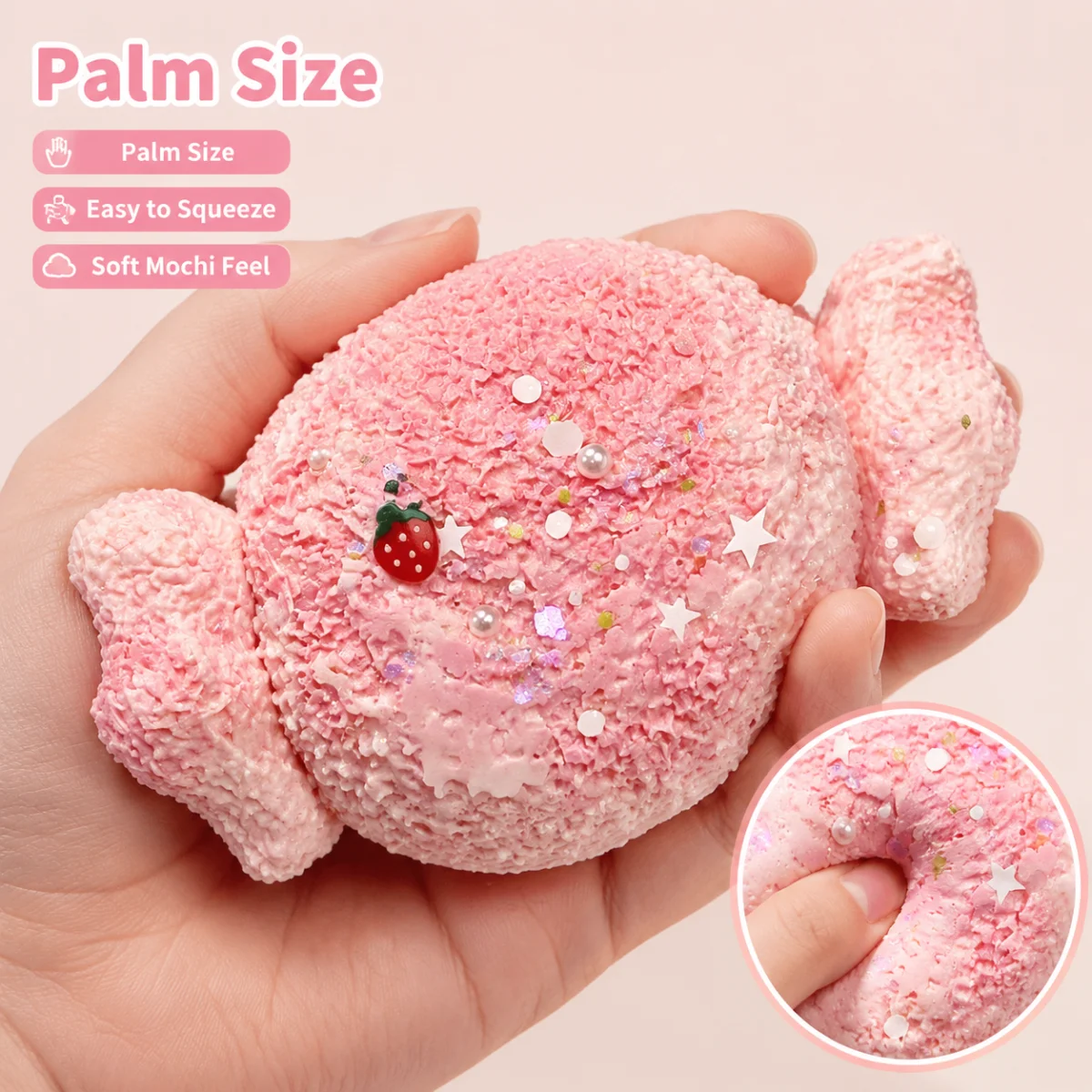 Pink Candy Squishy Toy Food Grade Silicone Textured Fidget Squeeze Toy With Strawberry Pearl Star Decor Soft Stress Relief Toy