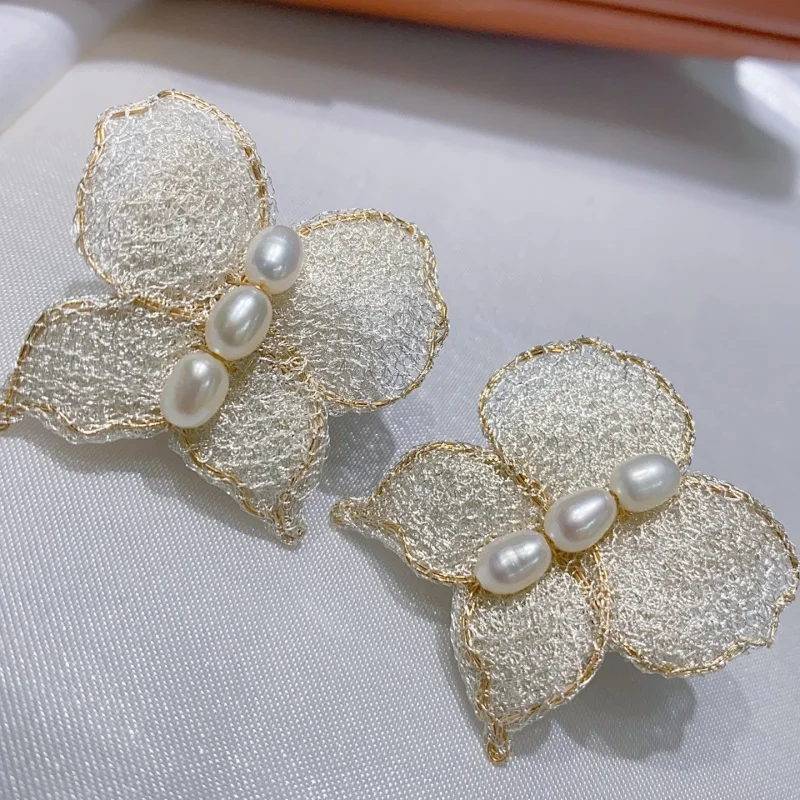 

SGARIT Trending Pearl Jewelry Italian Craftwork Butterfly Lace DIY 14k Filled Gold Natural Freshwater Pearl Stud Earrings