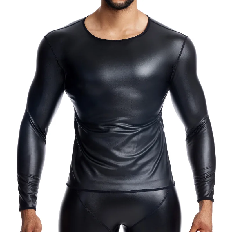 Man Sexy Punk Style PU Tank Tops Long Sleeve Black T-Shirt Faux Leather Fake Muscle Expose Fashion Sporty Lightweight T-Shirts
