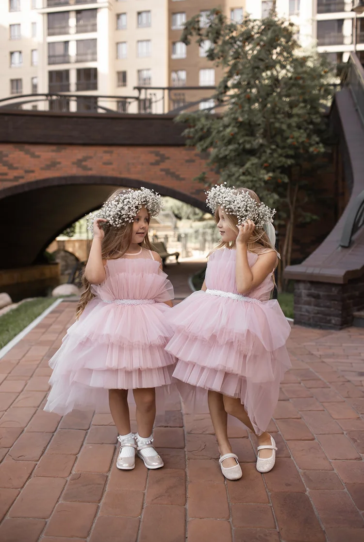 Abito da ragazza di fiori che borda senza maniche in tulle con perle con fiocco per abiti da ballo per prima comunione, principessa, festa di compleanno per bambini