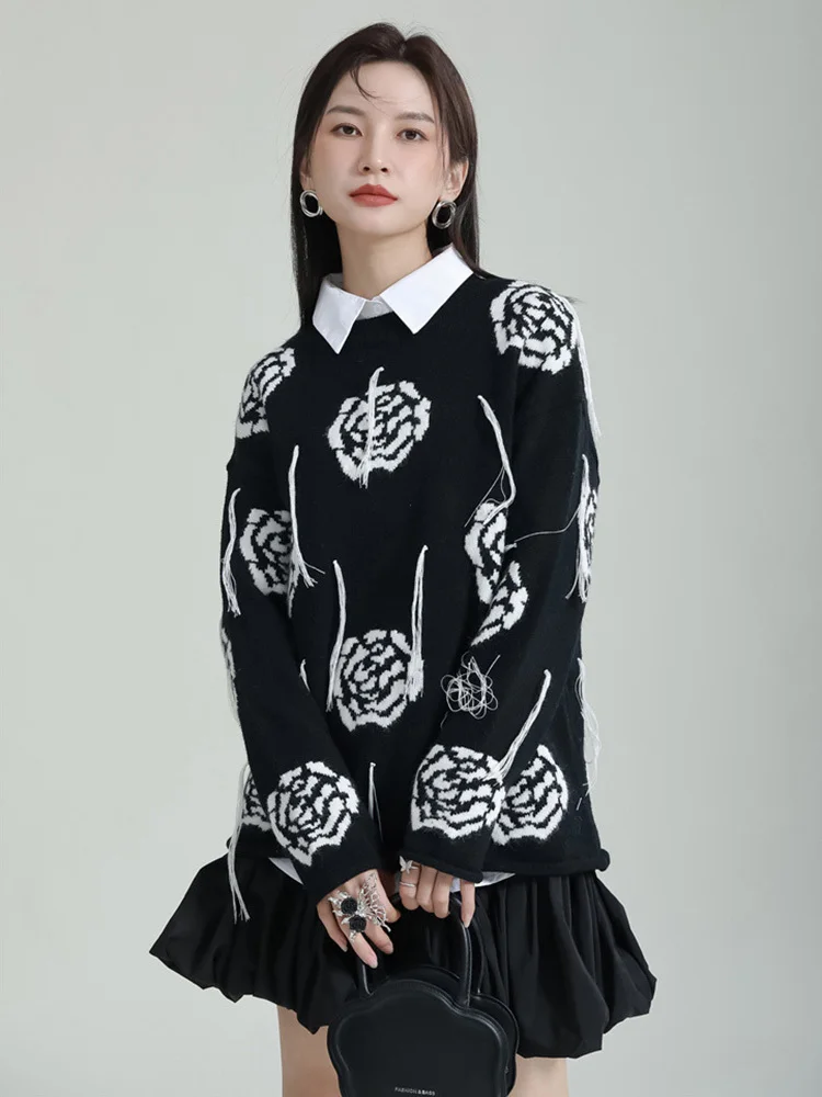 [EAM] Wihte Flower Big Size Knitting Sweater Round Neck Long Sleeve Women Pullovers New Fashion Tide Spring Autumn 2024 1DF5110