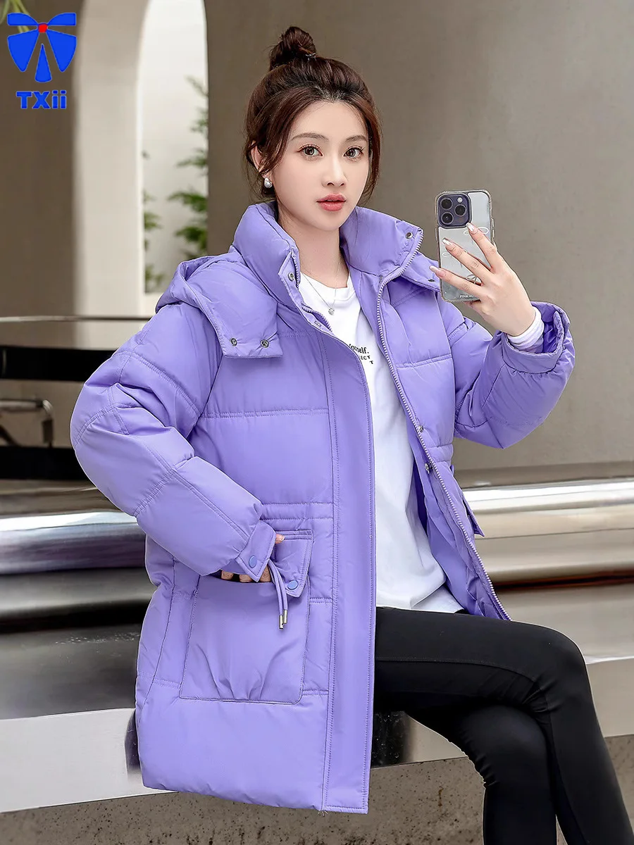 Cotton padded women's 2024 winter new style European American style hooded loose waist bread jacket medium long cotton coat