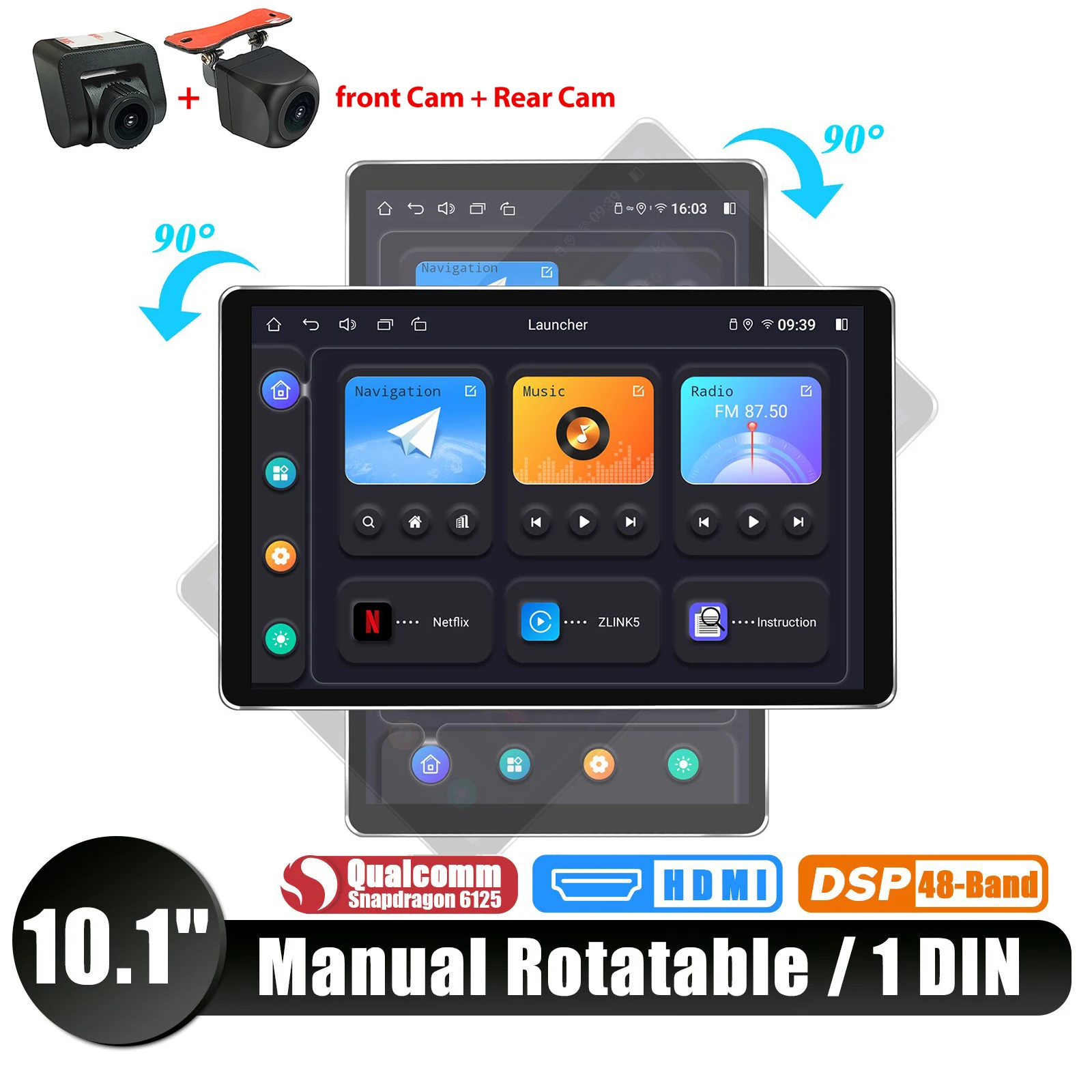 Joying 10.1inch Car Radio Stereo Multimedia Player Single 1Din Head Unit Support Manual-Rotated Screen Carplay Android Auto