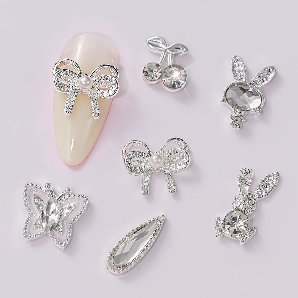30Pcs Silver Alloy Rabbit Nail Charms Pearl Clear Heart Waterdrop Diamond Nail Decoration Hollow Butterfly Rhinestone Nail Parts