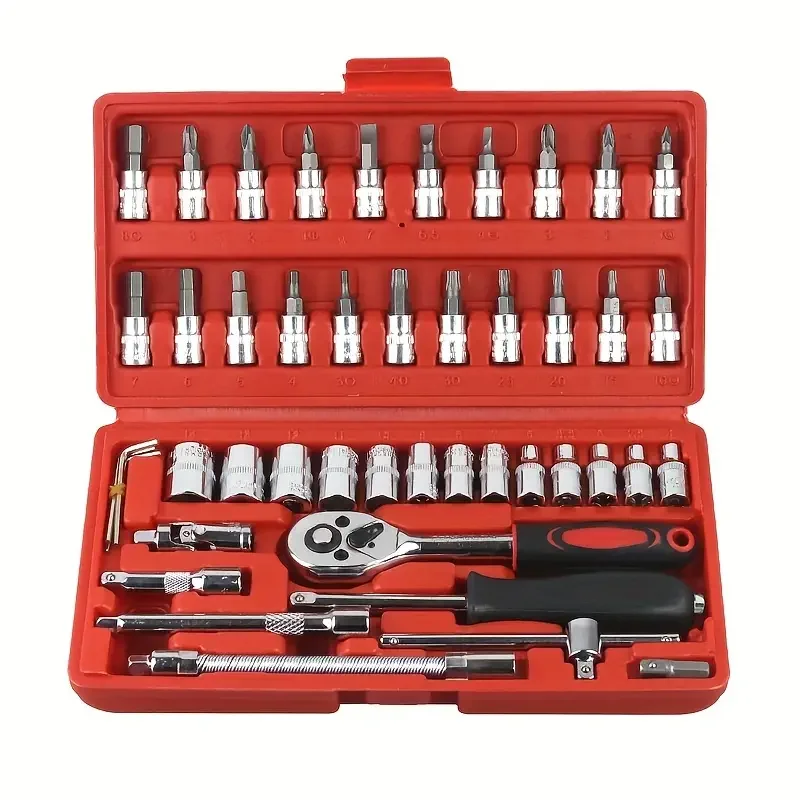 46 piece car repair tool kit: ratchet torque wrench, wrench, screwdriver, socket set combination - perfect for bicycle and car r