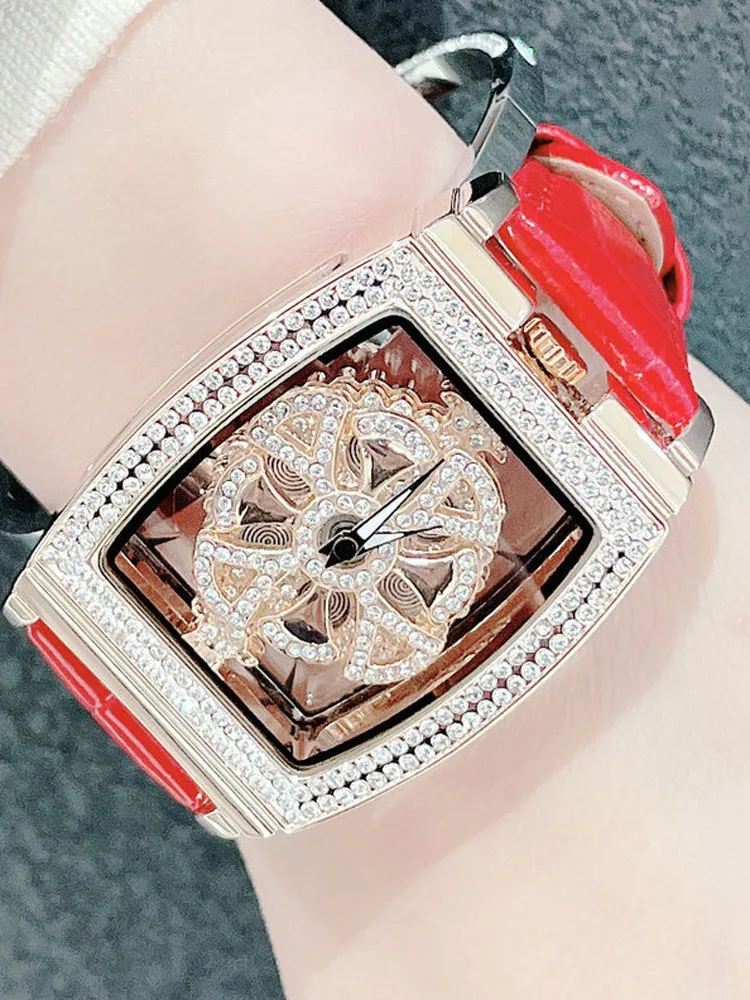 Women Watches Fashion Tonneau Quartz Wristwatch Diamond Design Leather Buckle Ladies Watch Gift