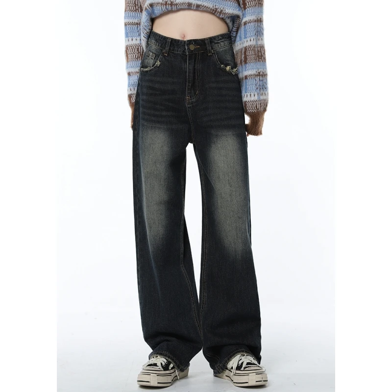 

Women Blue Jeans Vintage American Fashion Streetwear Style Bottoms Wide Leg Jean Female Baggy Trouser Straight Denim Pants