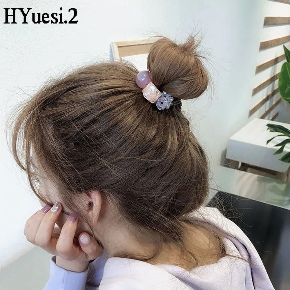 Sweet Round Crystal Beaded Hair Ties Transparent Geometric Square Charms Hair Rope Women Girls Elastic Ponytail Rubber Bands