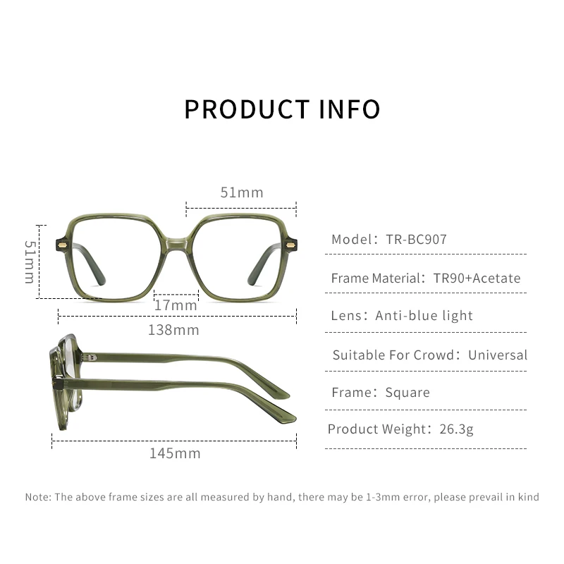 Women Fashion Acetate Blue Light Blocking Computer Glasses Without Degrees Female Square Eyewear Spectacles Frames BC907