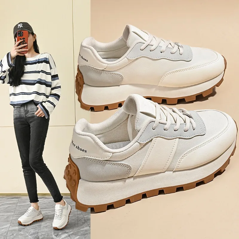 

2025Женская вулканизированная обувь, высококачественные износостойкие кожаные кроссовки, модная универсальная повседневная обувь толщиной Chaussure Femme