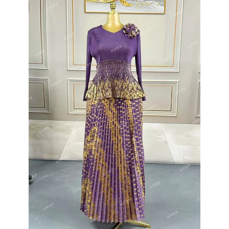 ผู้หญิงหรูหราชุดราตรี Miyake จีบทองแขนยาวชุดแอฟริกันพรหมอาหารค่ําอย่างเป็นทางการขนาดใหญ่ Elegant เสื้อผ้าขนาดใหญ่ความยืดหยุ่น