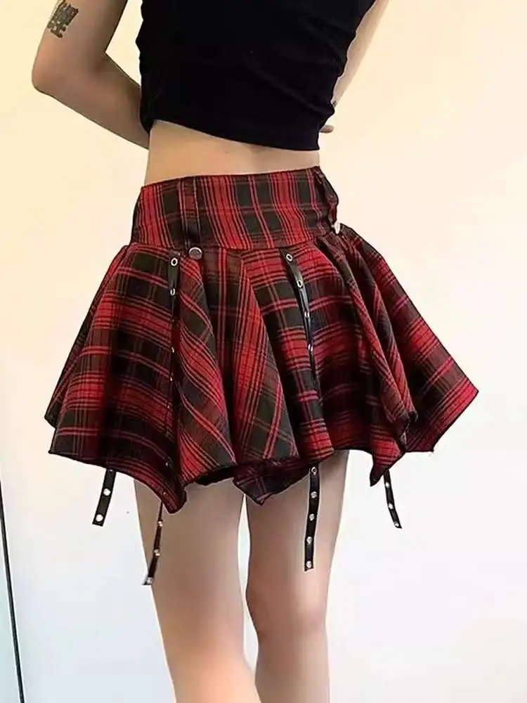 plus Size Women's Red Plaid Puffy Cake Skirt Summer New Uneven Pleated  Skirt A-Line Short Skirt Korean Style Commute