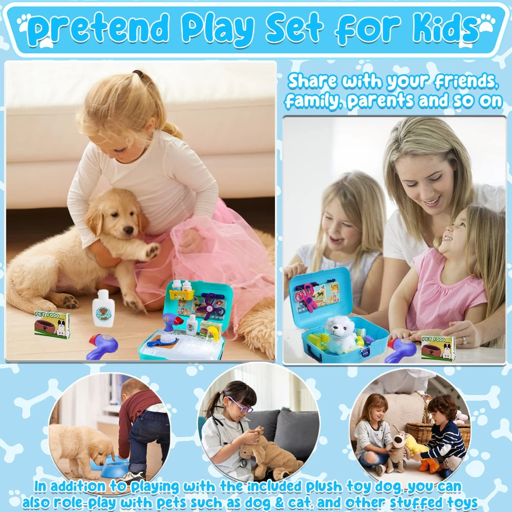 Kit de médico para crianças WizKidz com cachorro de pelúcia e mochila para cuidados, tosa e alimentação de animais de estimação, brinquedos de brincadeira de faz de conta para meninos e meninas a partir de 3 anos