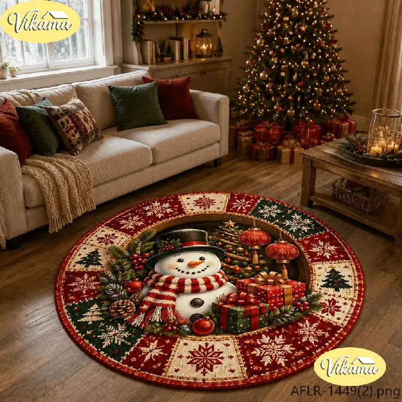 VIKAMA Christmas Round Rug Snowman Snowball Knit Hat Scarf Area Rug Living Room Holiday Home Decor Aesthetic Art Large Premium