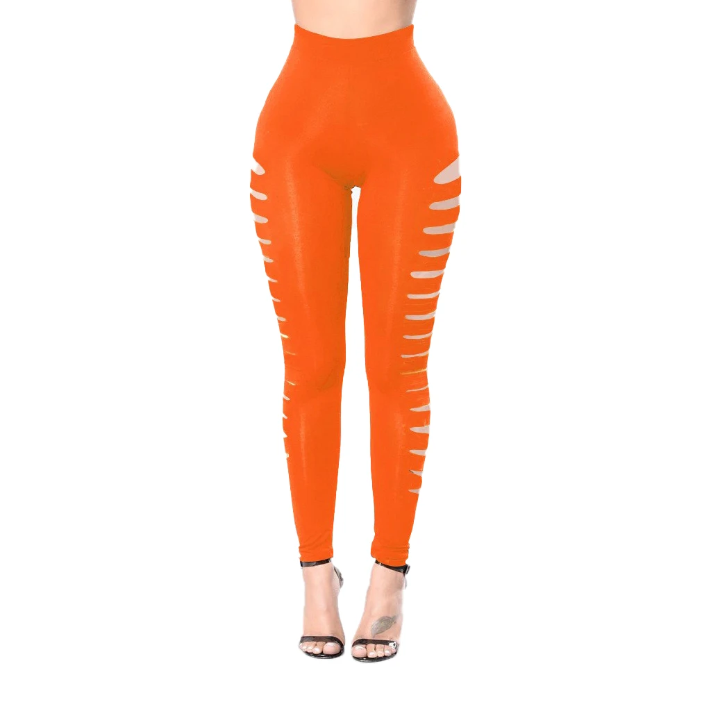 New Spring And Autumn Women Fashion Orange Side Hole Nine Quarter Pants Tight Leggings Women Elastic Side Hole Orange Leggings