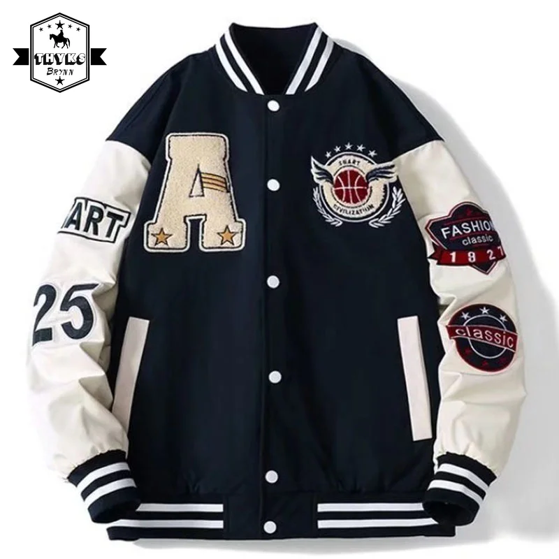 Mens Spring Fall Varsity Jackets Embroidery Korean Fashion Loose Baseball Uniform Couple Blue Retro Leather Sleeve Bomber Coats