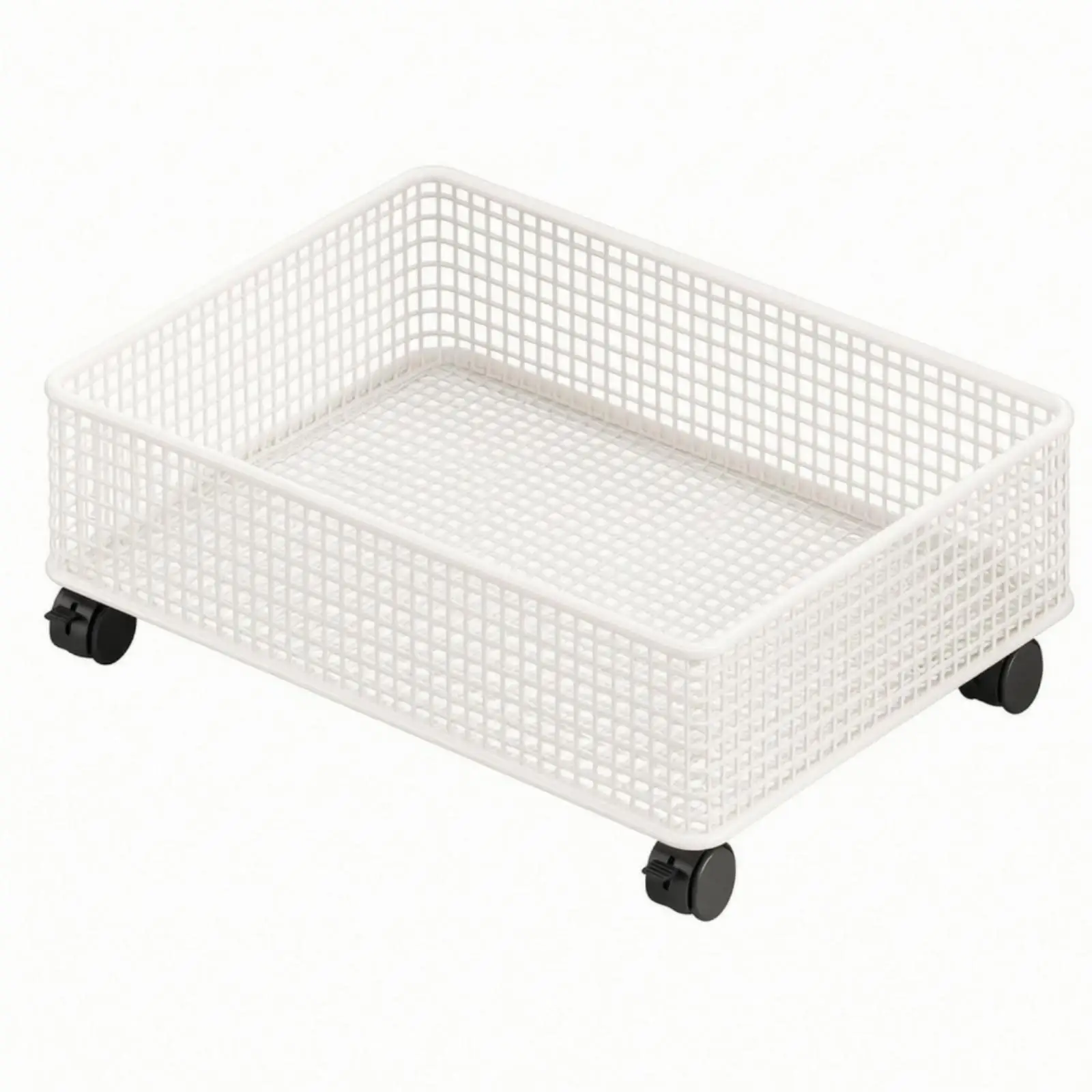 Storage Basket on Wheels with Open Grid Construction for Under Bed Use and Visible Contents for Easy Retrieval of Items