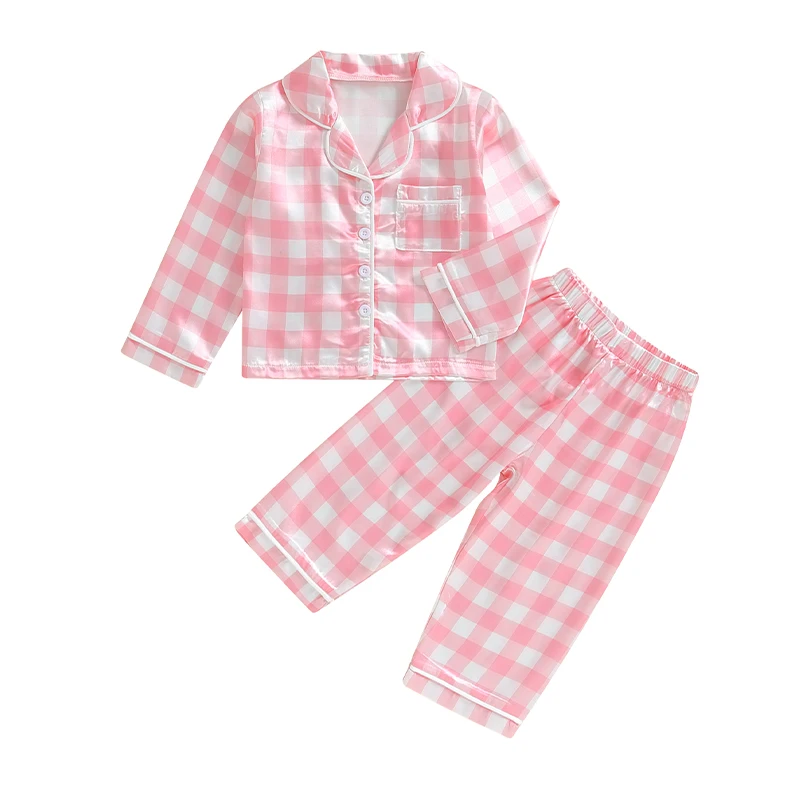 Kids Baby Girl Satin Pajamas Fall Set Plaid Print Button Down Shirt Long Pants Bottoms Sleepwear Lounge Outfits