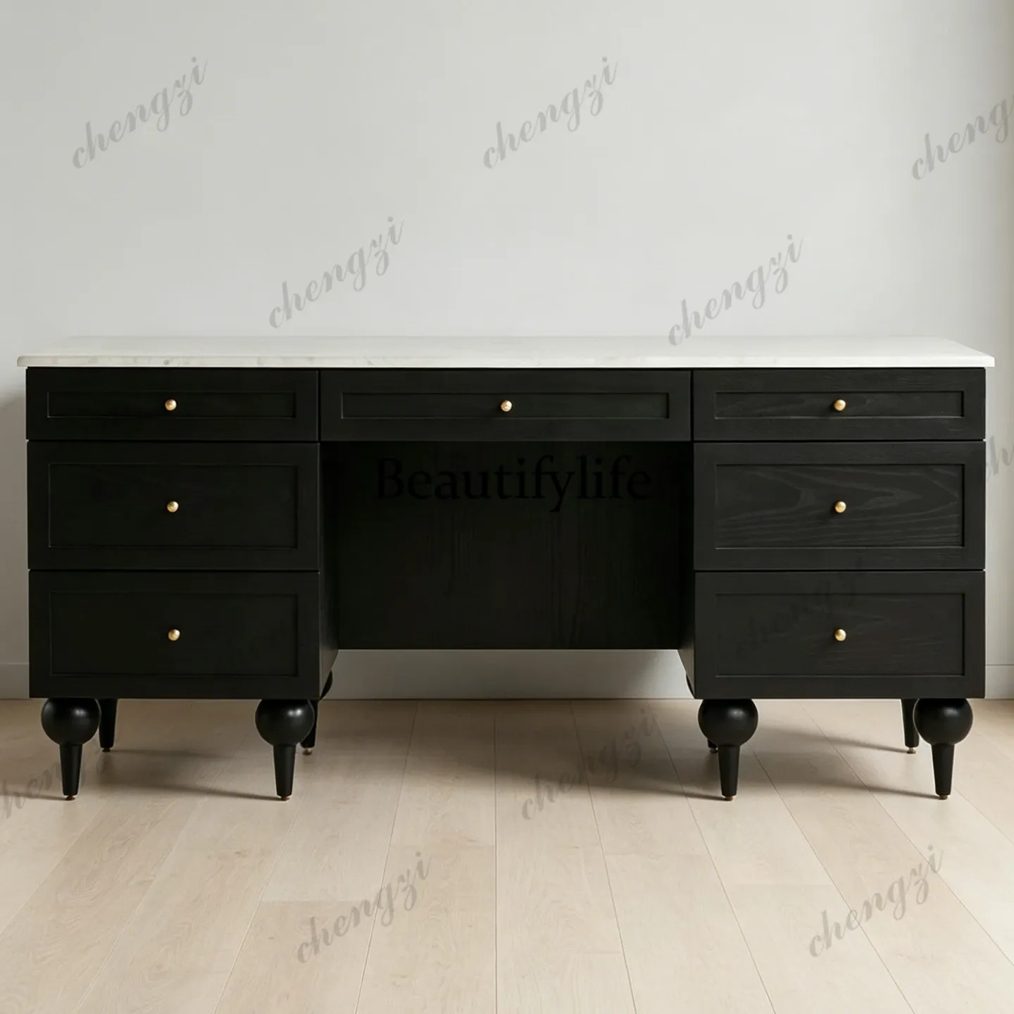 American retro solid wood desk marble countertop multi-drawer desk home black study table