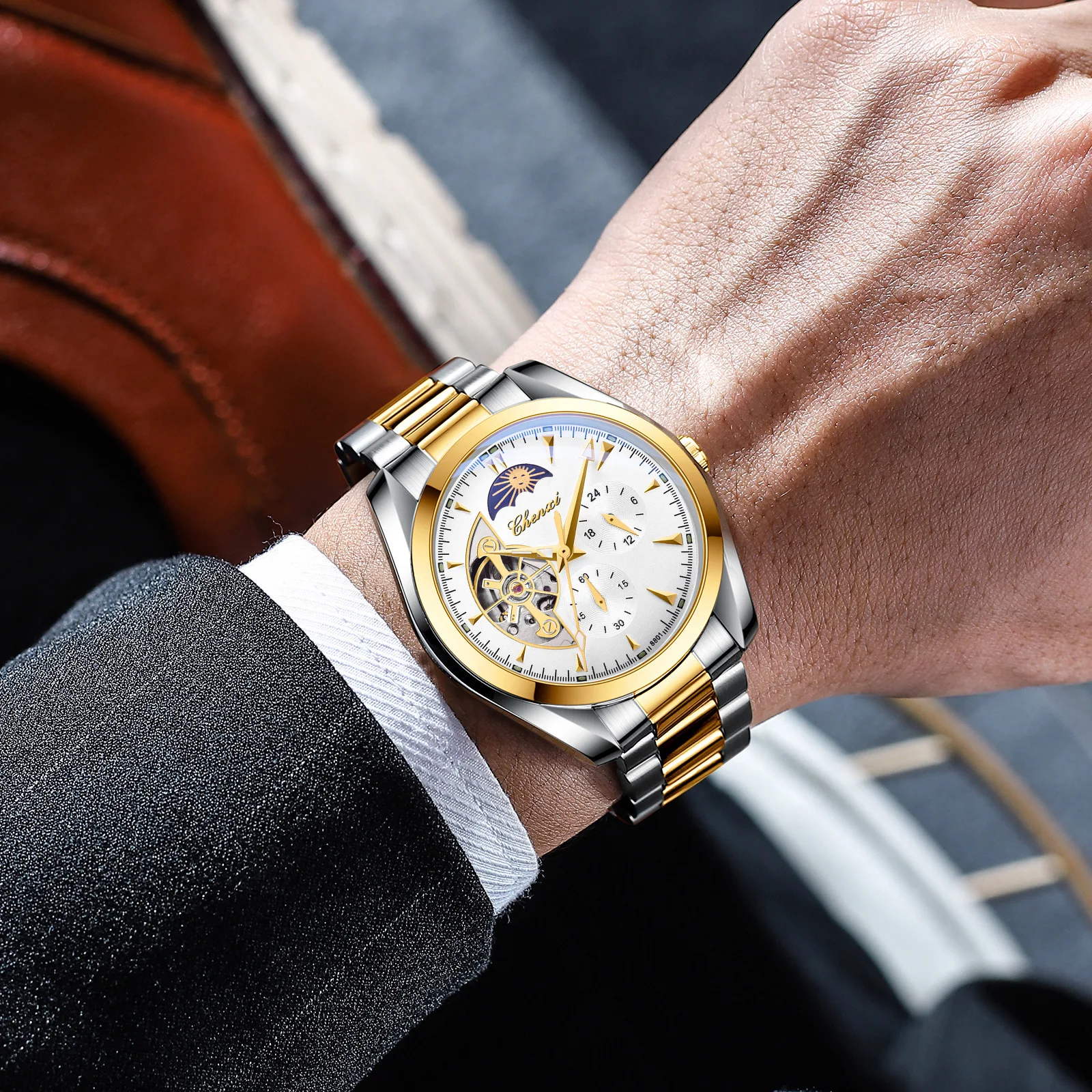 Watch Male Mechanical Watch Waterproof Sun Moon Star Automatic Hollow Watch