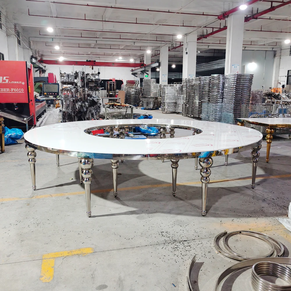 

Hotel Luxury Wedding Round Dining Table Glass Top Serpentine Gold Stainless Steel Event Party Table