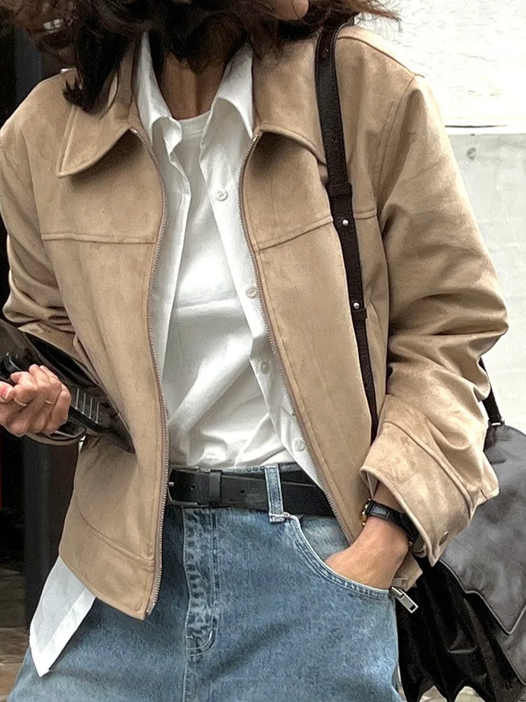 

Chic ort Suede Jaet Women's Hong Kong Sle Retro Design High Quali Korean Loose Fit Zipper Pure Color Autumn Outerwear