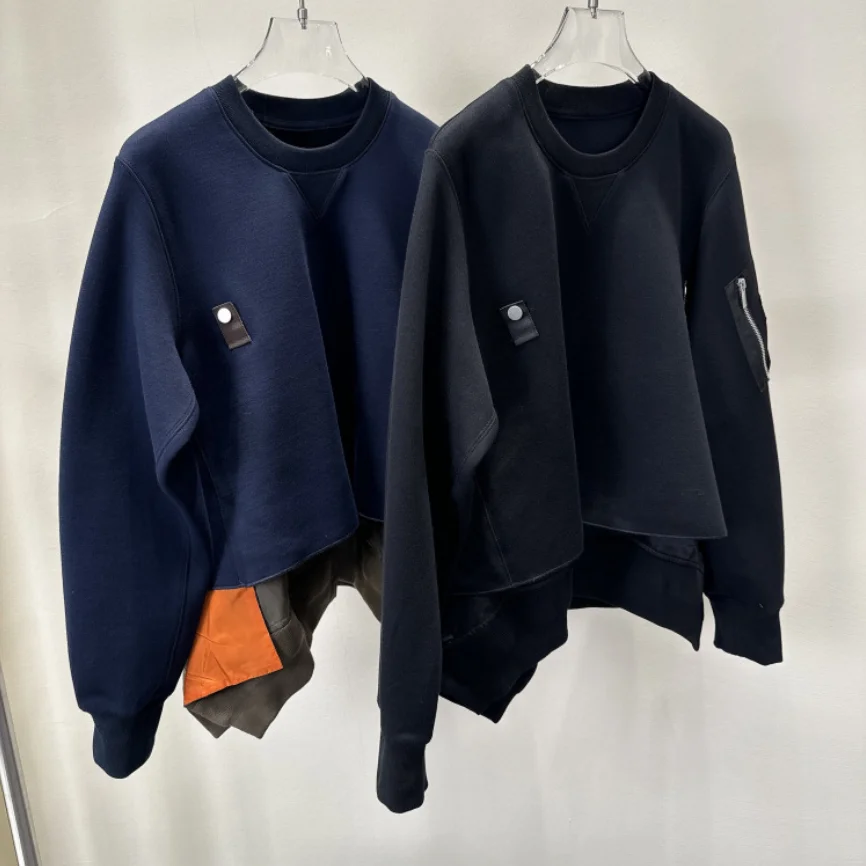 

2025 Autumn Winter New Women's Japanese-Style Niche Design Deconstructed Color Block Spliced Crew Neck Loose Sweatshirt Jacket