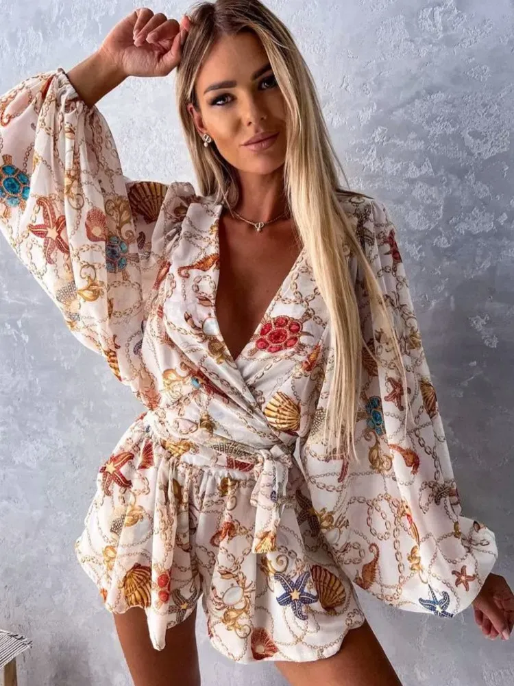 Tuta da donna sexy con scollo a V profondo Estate Casual Boho Beach Vacation Outfit Stampa di moda Pagliaccetti con maniche a lanterna Pantaloncini