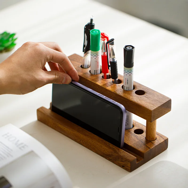 Multifunctional Storage Solid Wood Pen Holder Desktop Phone Holder Porous Marker Pen Stationery Storage Holder Makeup Pen