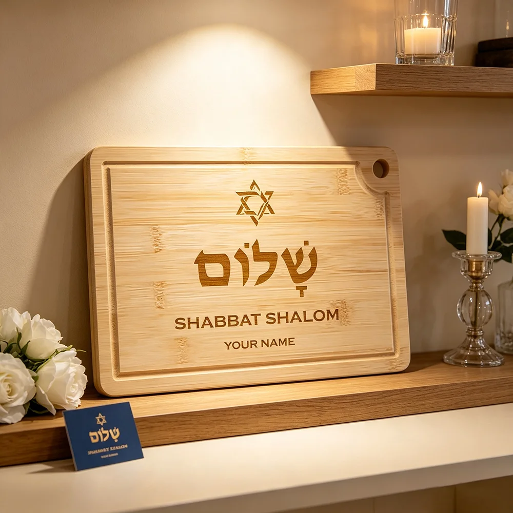 Custom Name Shabbat Shalom Engraved Cutting Board Hebrew Holla for Challah Hamotzi & Star of David Jewish Wedding Hostess Gift