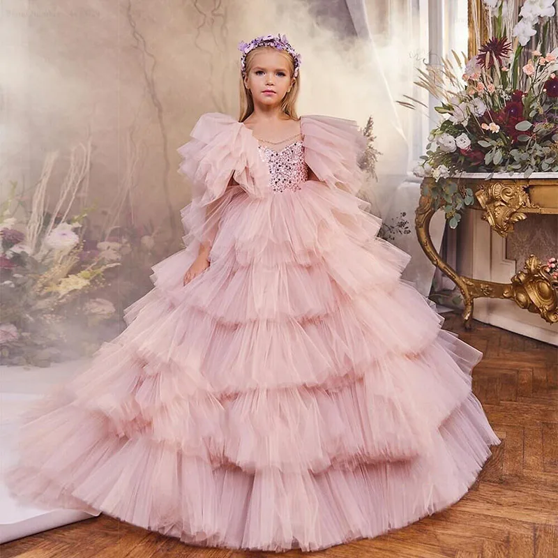 

Girl's Party Prom Dress Teen Girls Tutu Pink Princess School Graduation Dress 10 Years 12 Kid Long Tulle Bridemaid Wedding Dress