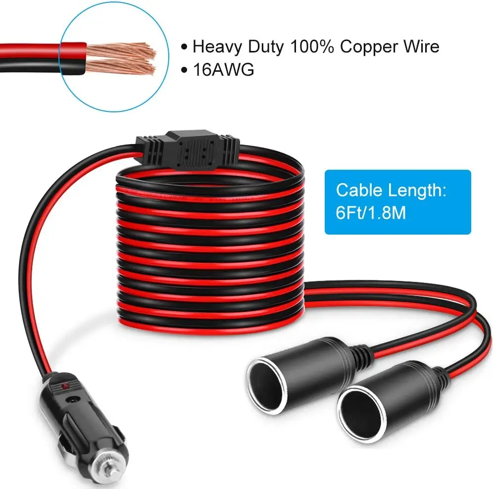 heavy duty cigarette lighter extension cord Extractme 1.8M Cigarette Lighter Extension Cord Cable 16AWG UL Wire 2-Way Car  Splitter Adapter Power Charger Port with 15A Fuse