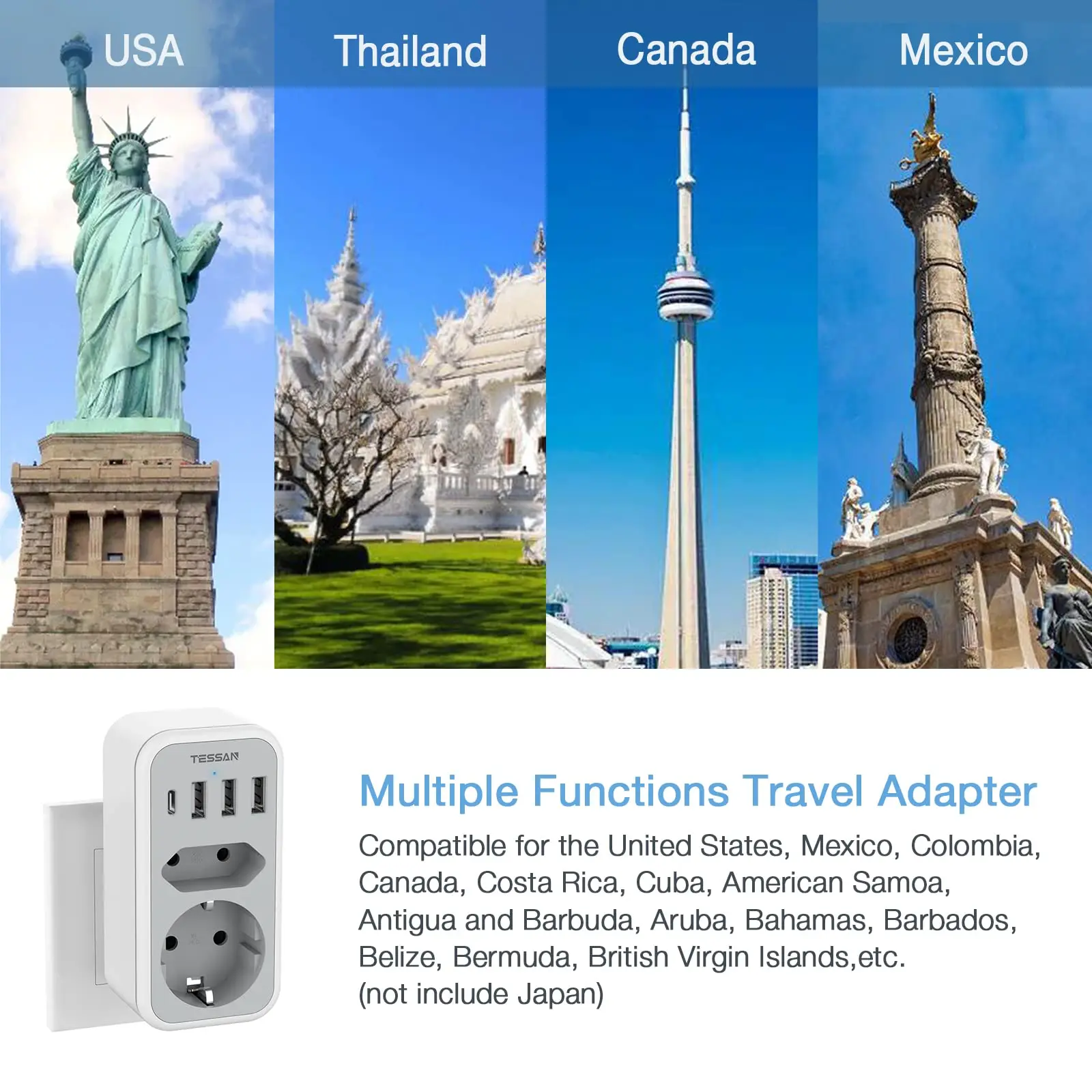 TESSAN EU to US Travel Aadapter with 2 Outlets 3 USB 1 USB C Socket Adapter USA for Canada Thailand Mexico Travel Adapter Type B