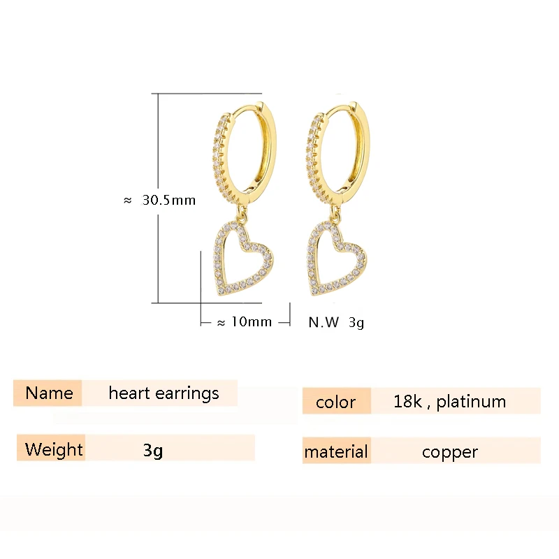 SIPENGJEL-Zircão Cúbico Brincos Pingente Coração Amor para Mulheres, Aros Ocos Geométricos, Presente Jóias, Estilo Coreano, Moda