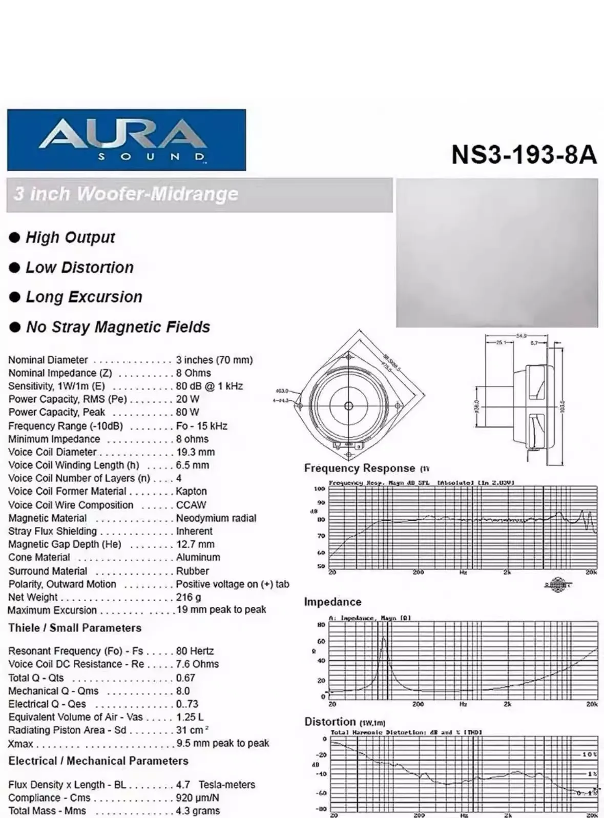 1 قطعة GHXAMP لـ Aura Sound 3 "مكبر صوت سائق متوسط الجهير NS3-193-8A ، مخروط السيراميك ، مغناطيس النيوديميوم ، 8 أوم ، 20 واط-80 واط Qts0.67 #6
