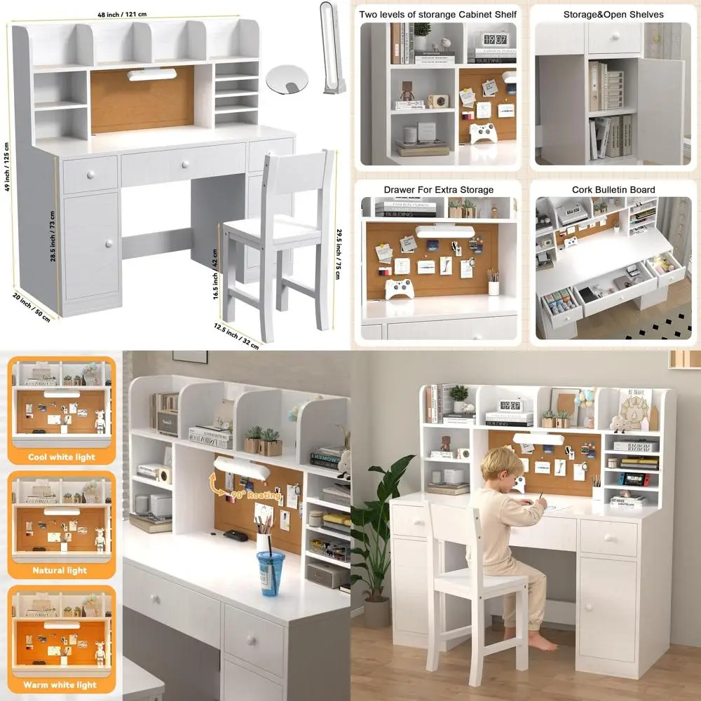 

Белый деревянный детский учебный стол и стул, 48x20, с подсветкой, 3 ящиками, 4 шкафчиками, открытыми секциями для девочек или детской спальни