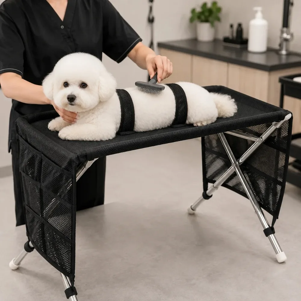 Portable Folding Pet Grooming Table Mesh Surface Dog Cat Beauty Desk With Storage Pocket And Fixing Loops For Home Salon