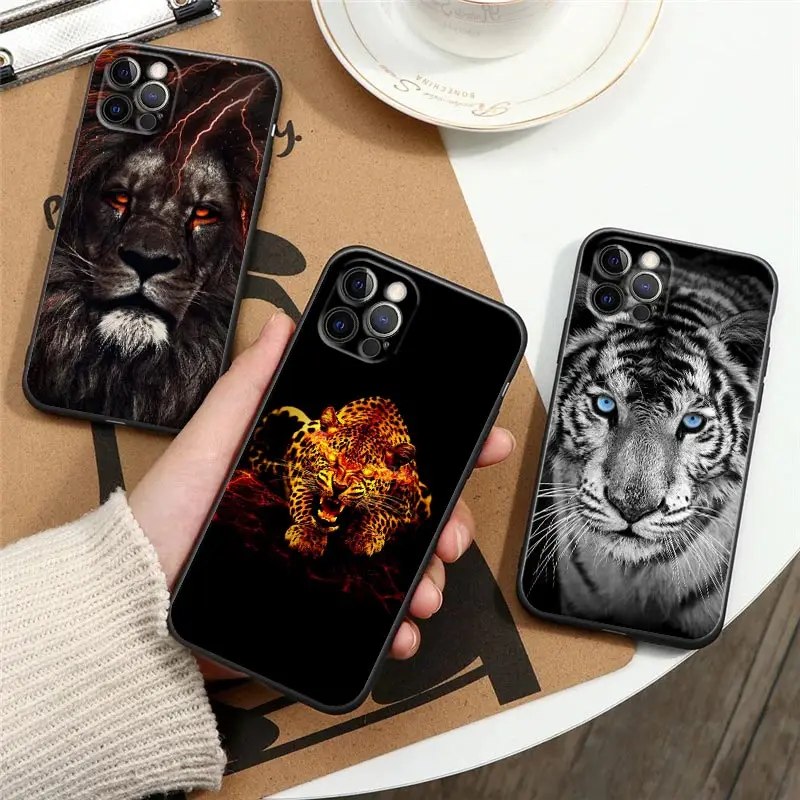 Animal Angry Lion Wolf Eagle Tiger Jaguar Panther Black Silicone Case for IPhone 12 11 13 14 Pro Max XS XR X 8 7 6 Plus SE Cover