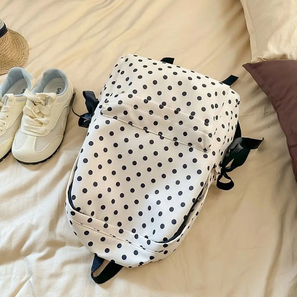 Y2k Sweet Polka Dot Backpack Minimalist Multiple Pockets Bow Rucksack Durable Lightweight Student School Bag Outdoor Use