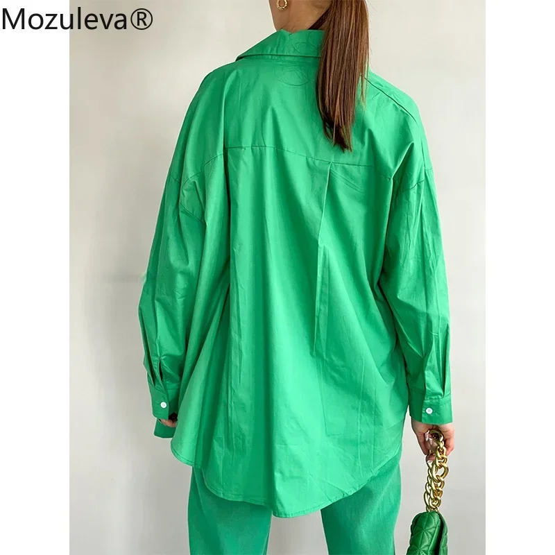 Mozuleva 2022 Summer Korean Chic Spring Temperament Light Green Cotton Shirt Women Loose Casual Blouse Turn-down Collar Blouse