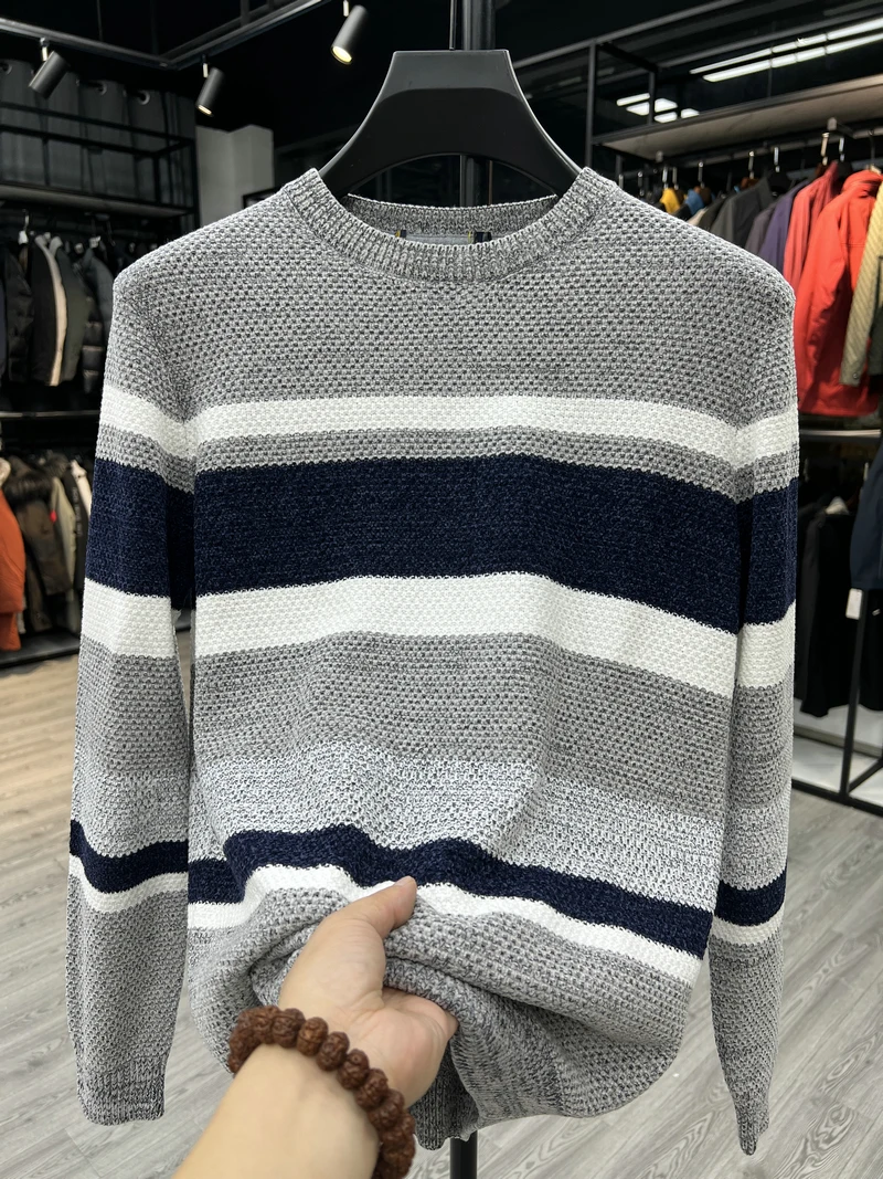 Thick Needle Knitted Sweater Casual round Neck All Match Color Block Stripe Pattern Business Casual Long Sleeve Autumn Top