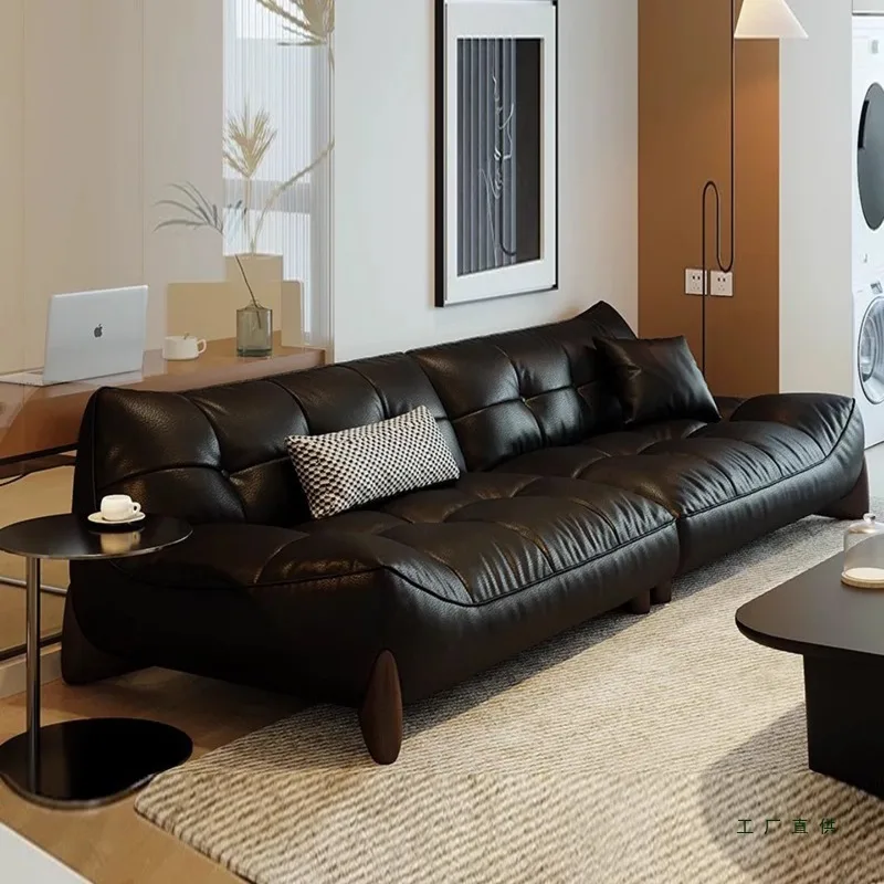 Leather sofa home living room, modern simple black retro Italian minimalist without armrests antique cloud sofa