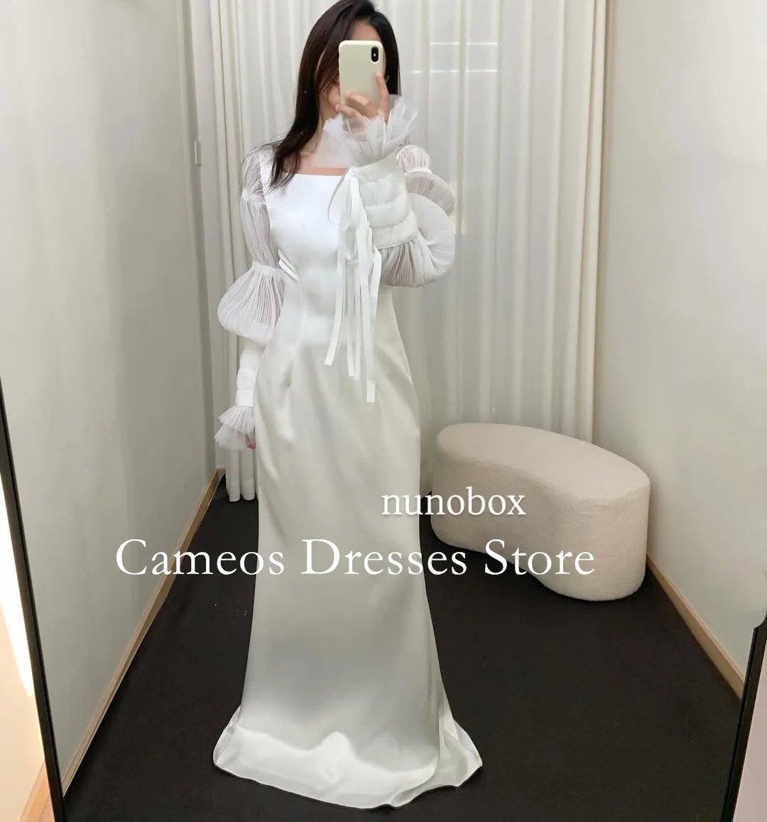SONDR Customized Square Neck Wedding Dress Wedding Dresses Sheath Puff Sleeves Satin Ivory Brides Gowns Women Bridal Dresses
